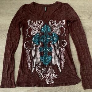 Sweet Girl Sheer Brown Cross Long Sleeve Size L